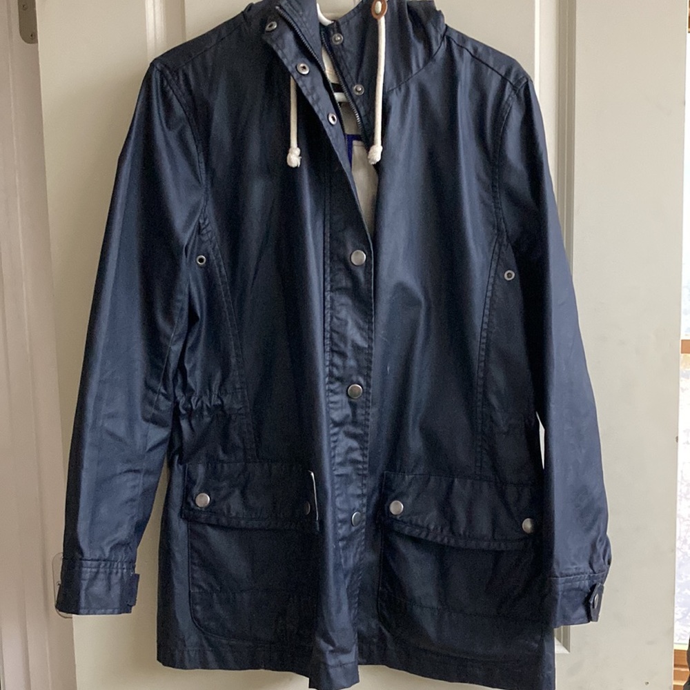 Gap vintage drawstring waist hooded raincoat navy size medium womens